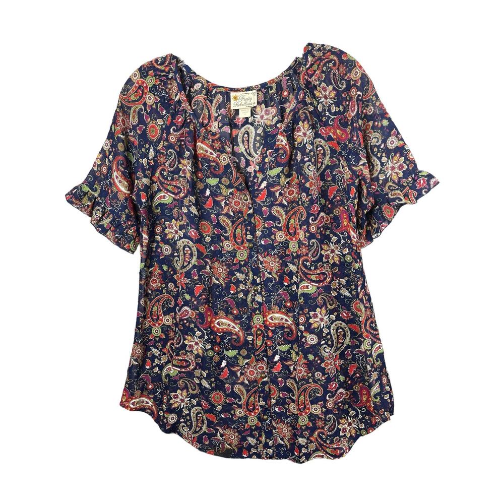 Pretty Rebellious Blue Floral Button Front Sheer Ruffle Sleeve Blouse Small